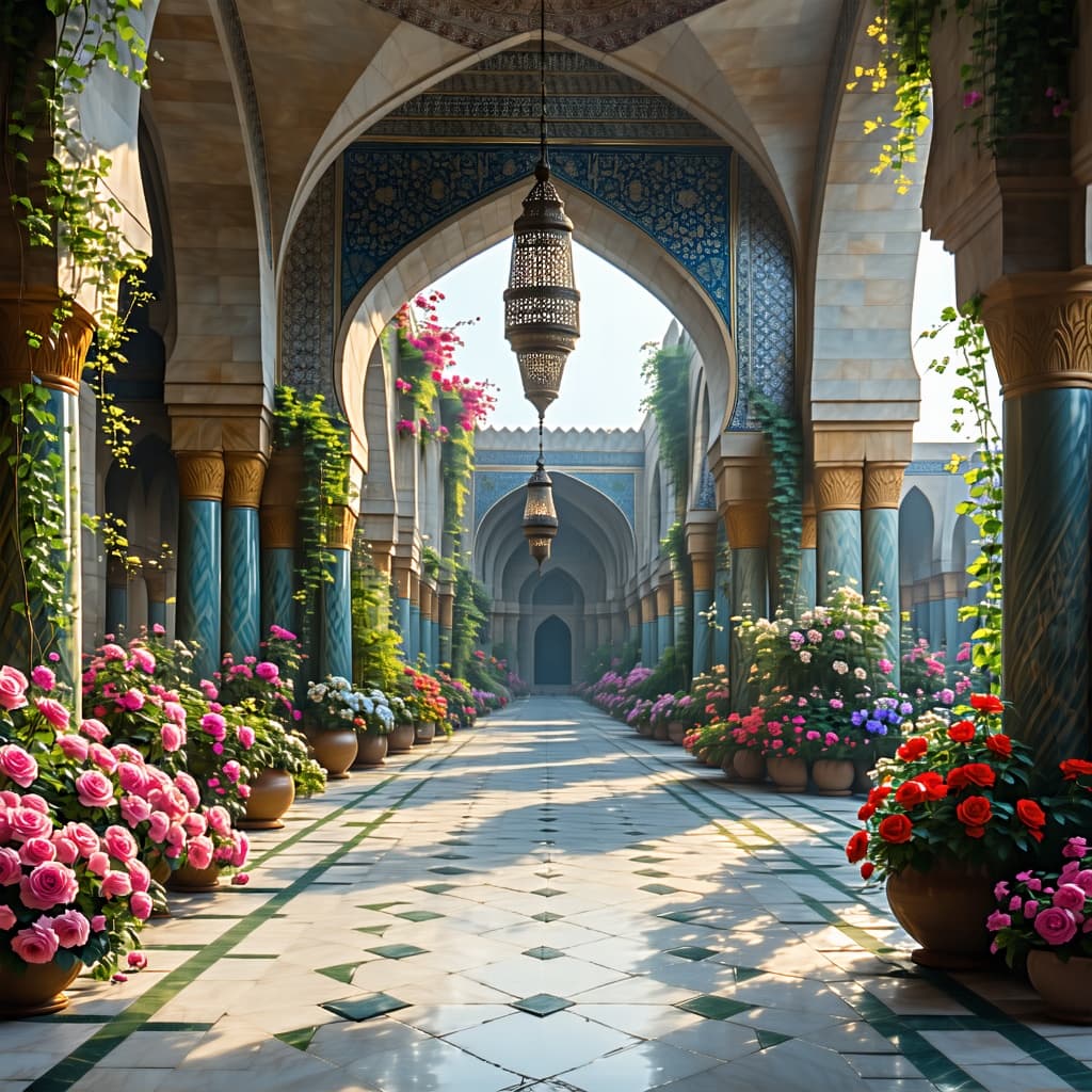 AI generated: Hanging Gardens, Persian architecture, Temple volume atrium light full of rose, vibrant flowers, arc...