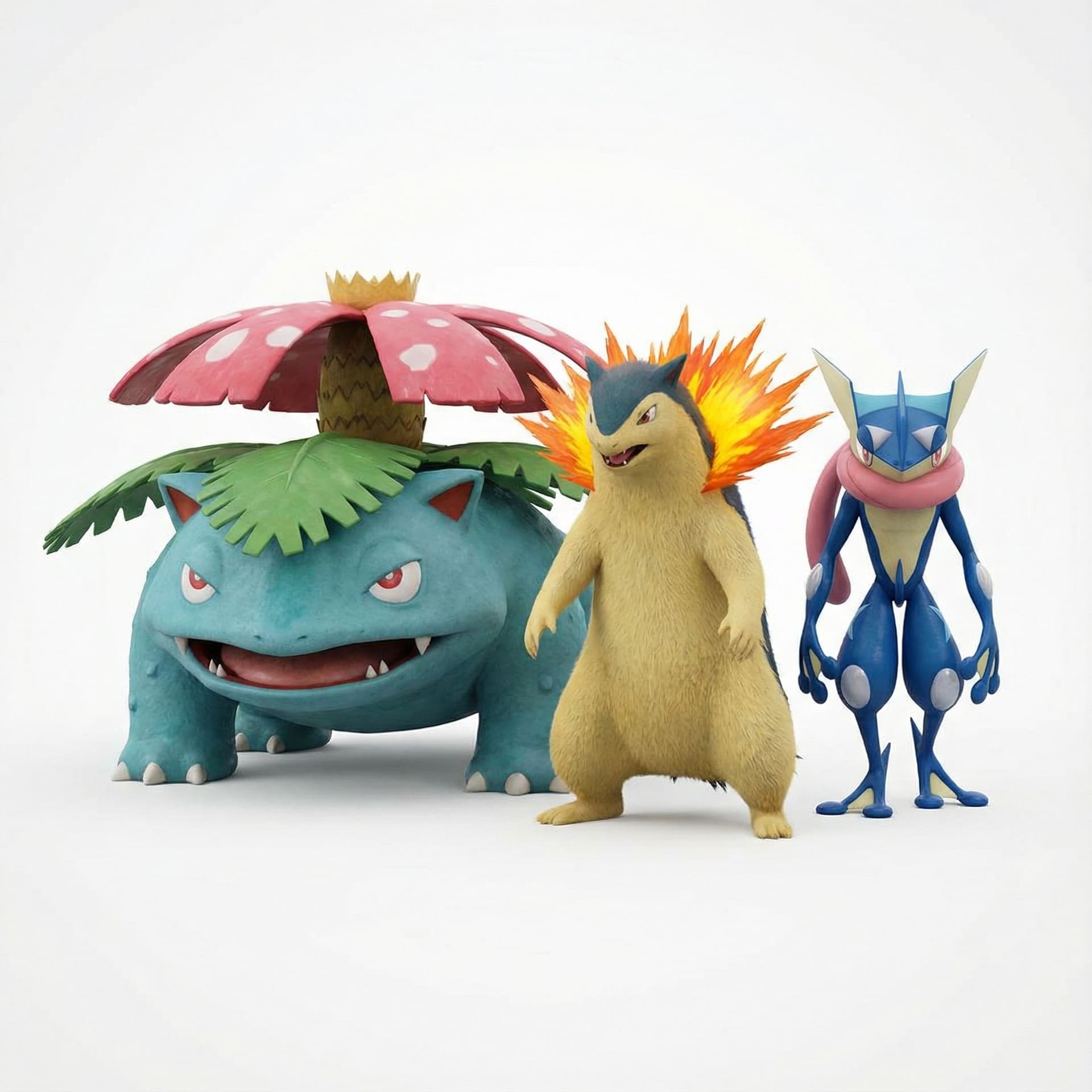 AI generated: Me podrías hacer una imagen de Venusur Typhlosion y Greninja juntos con cuerpo completo y fondo blan...
