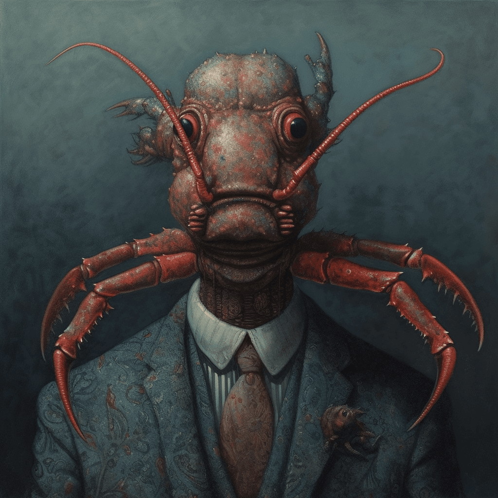 AI generated: A person with a lobster face, surrealism painting --s 1000 --v 5