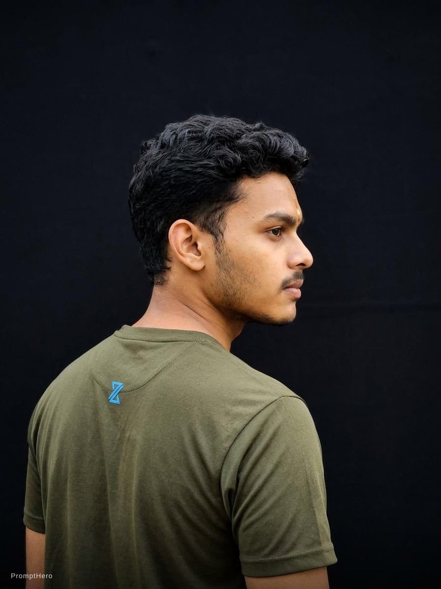 AI generated: With ag black background  a back shot of me looking side 
