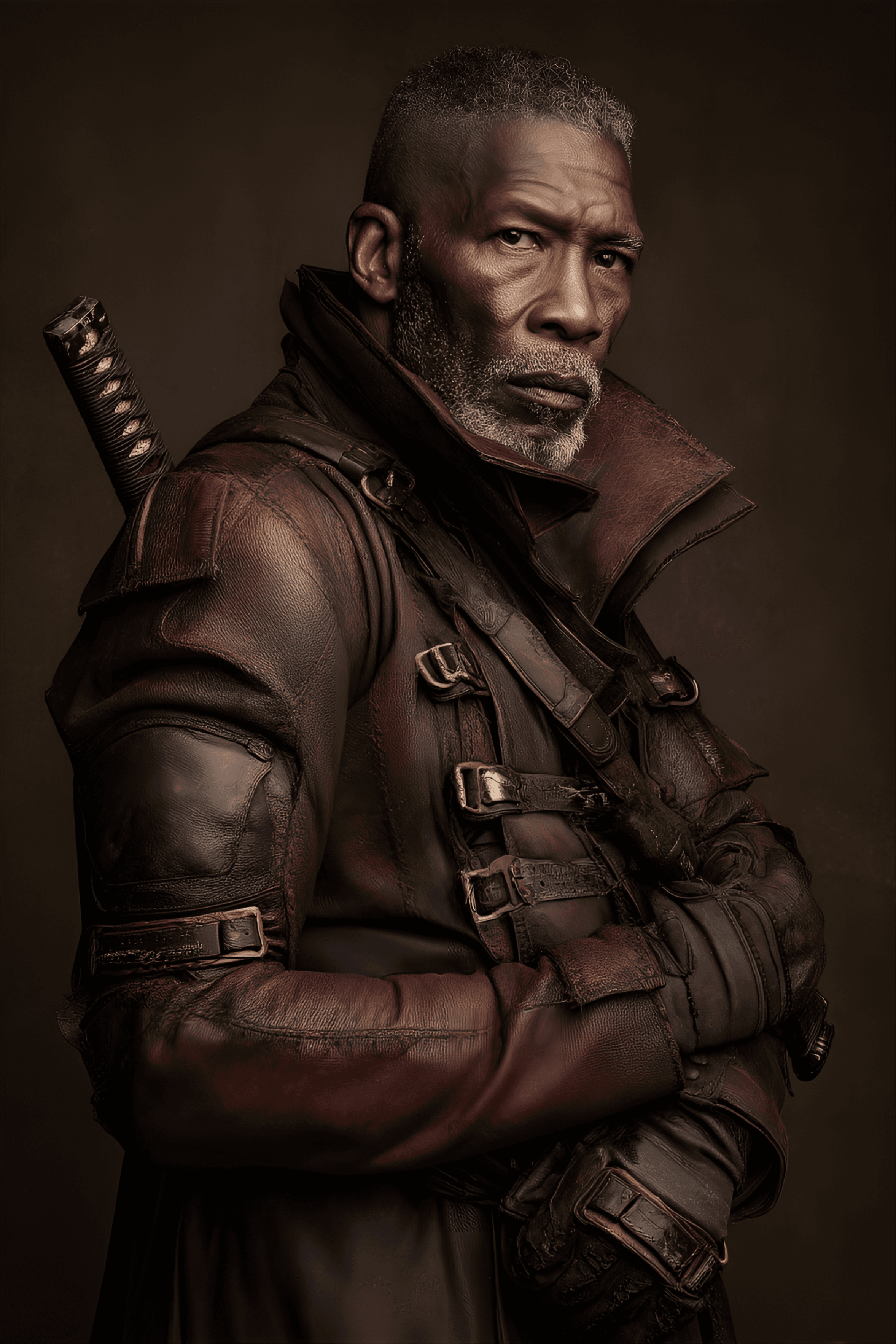 AI generated: man, approximately 60 years old,  wearing a dark, leather trench coat with a crimson lining and mult...
