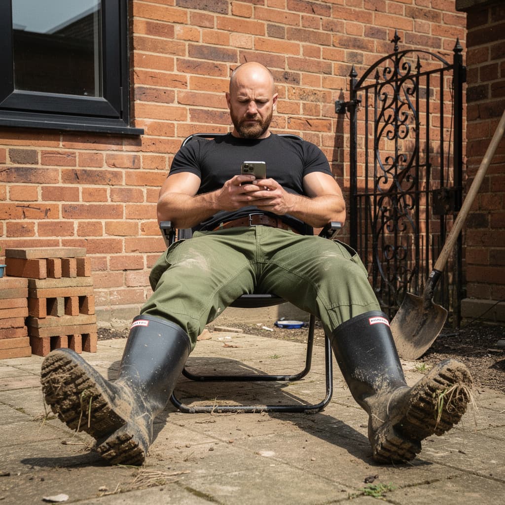 AI generated: Photographie réaliste en plein jour, un homme blanc musclé d'environ 30-35 ans, chauve rasé, barbe c...
