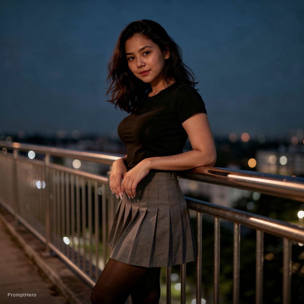 AI generated: ultra realistic photo of a young woman with a slender build standing near a railing, dark wavy shoul...
