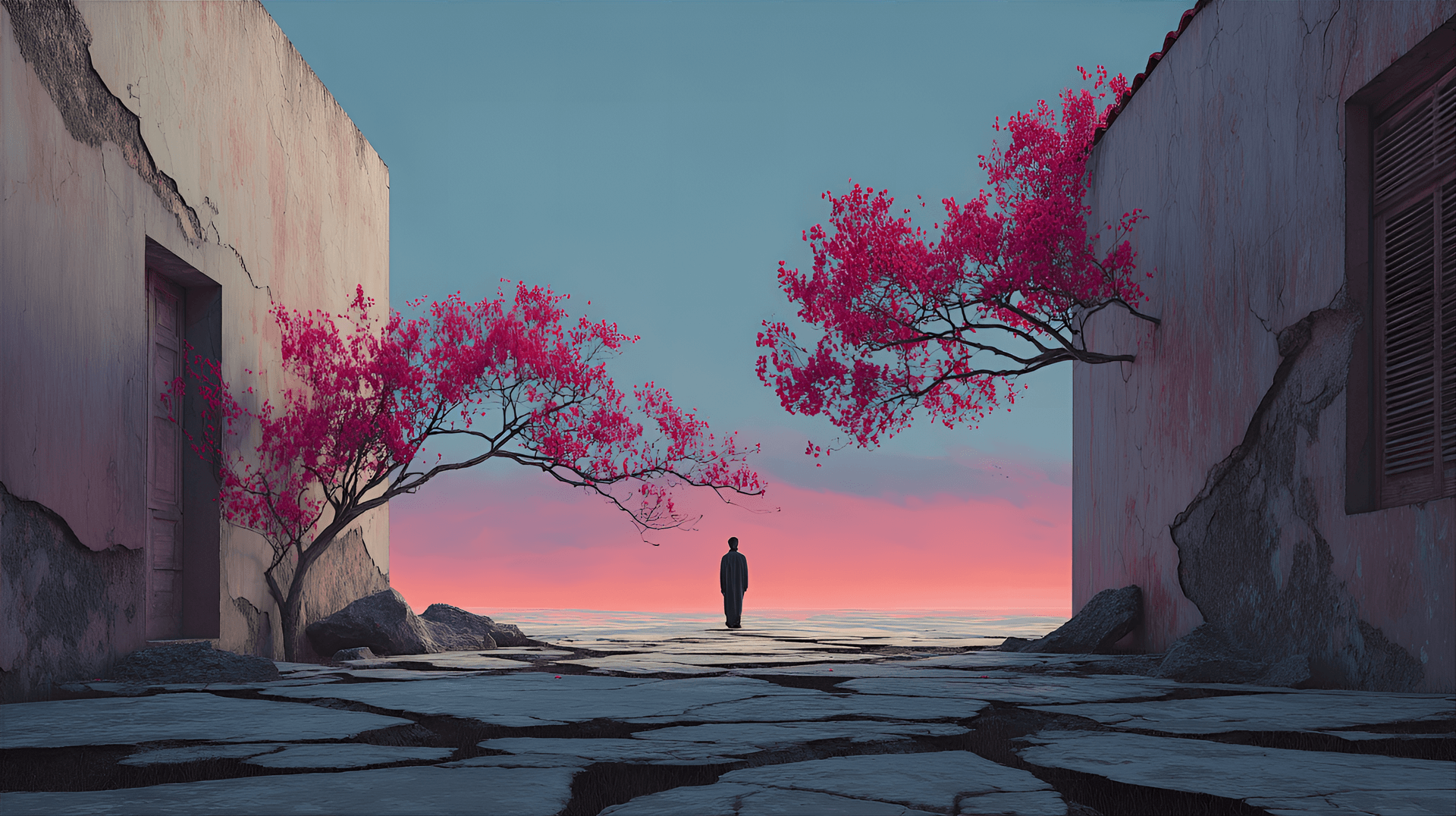 AI generated: The foreground is dominated by cracked, weathered stone tiles, suggesting an abandoned or ancient pl...