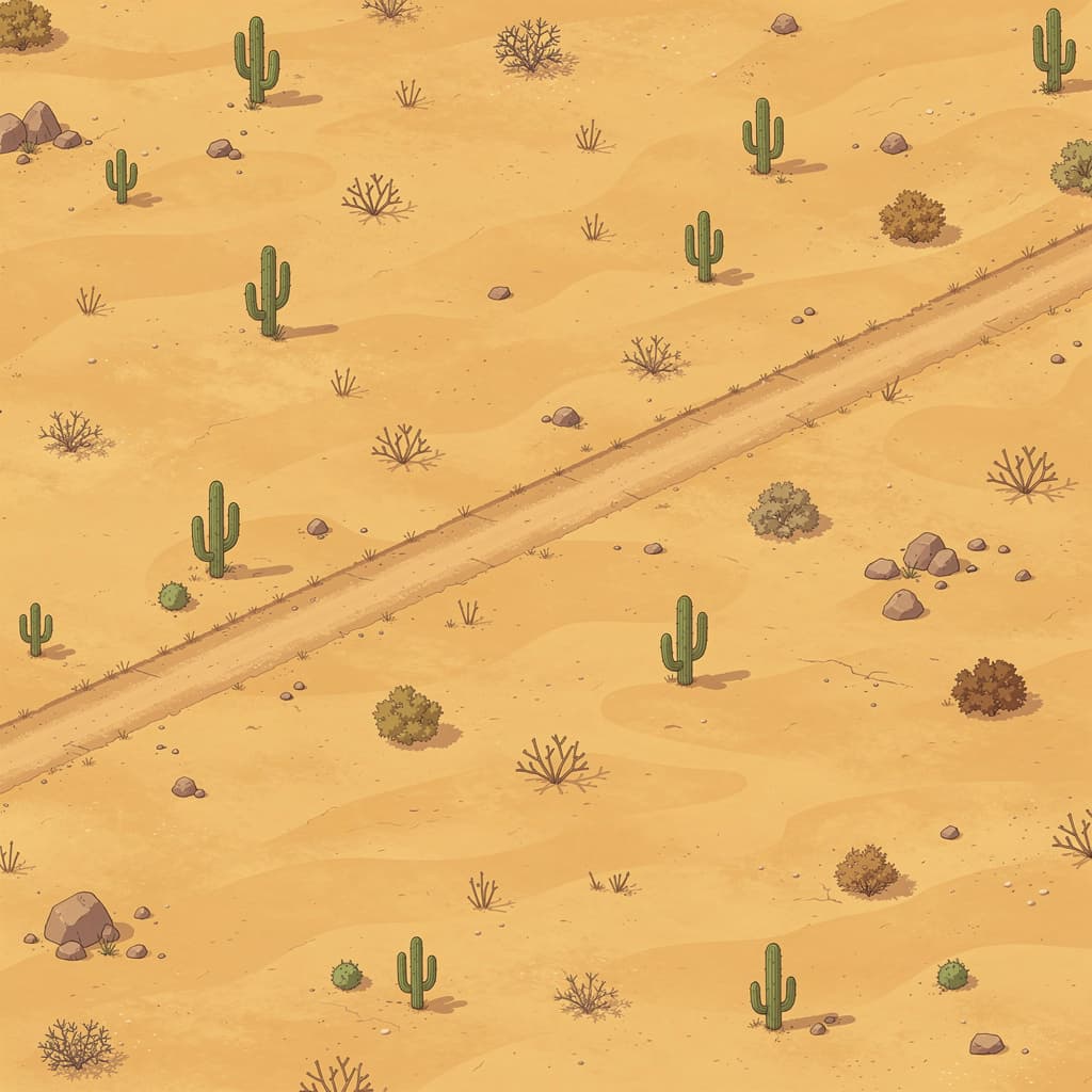 AI generated: generate a 2d cartoon isometric map,top view, border of mexico, desert evverywhere and a main path a...