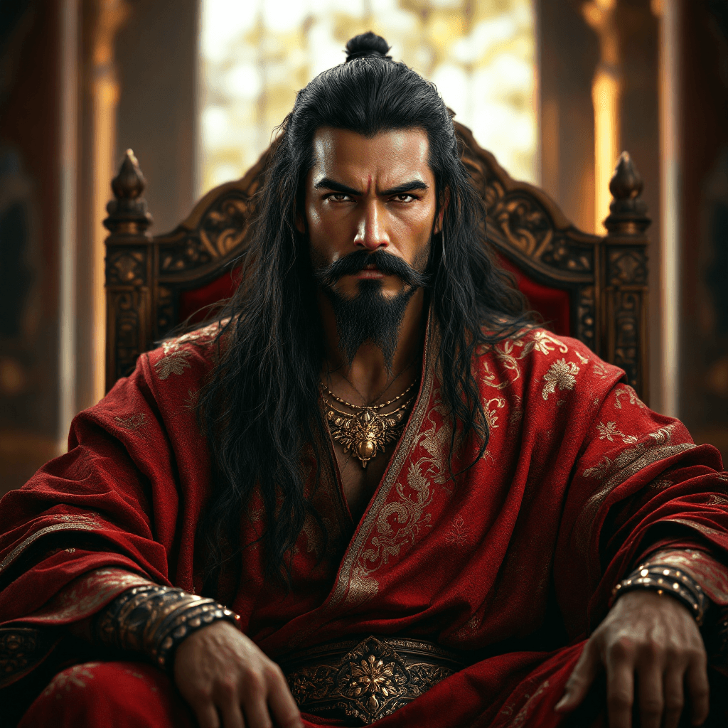 AI generated: Create an image of a charismatic male king without a crown, featuring long, flowing hair and a thick...
