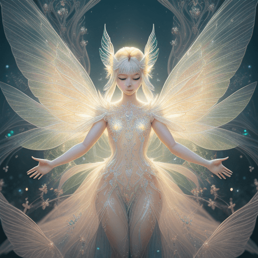 AI generated: "A angelic mythical tinkerbell with spreading arms with glowing intricate transparent wings, symetri...
