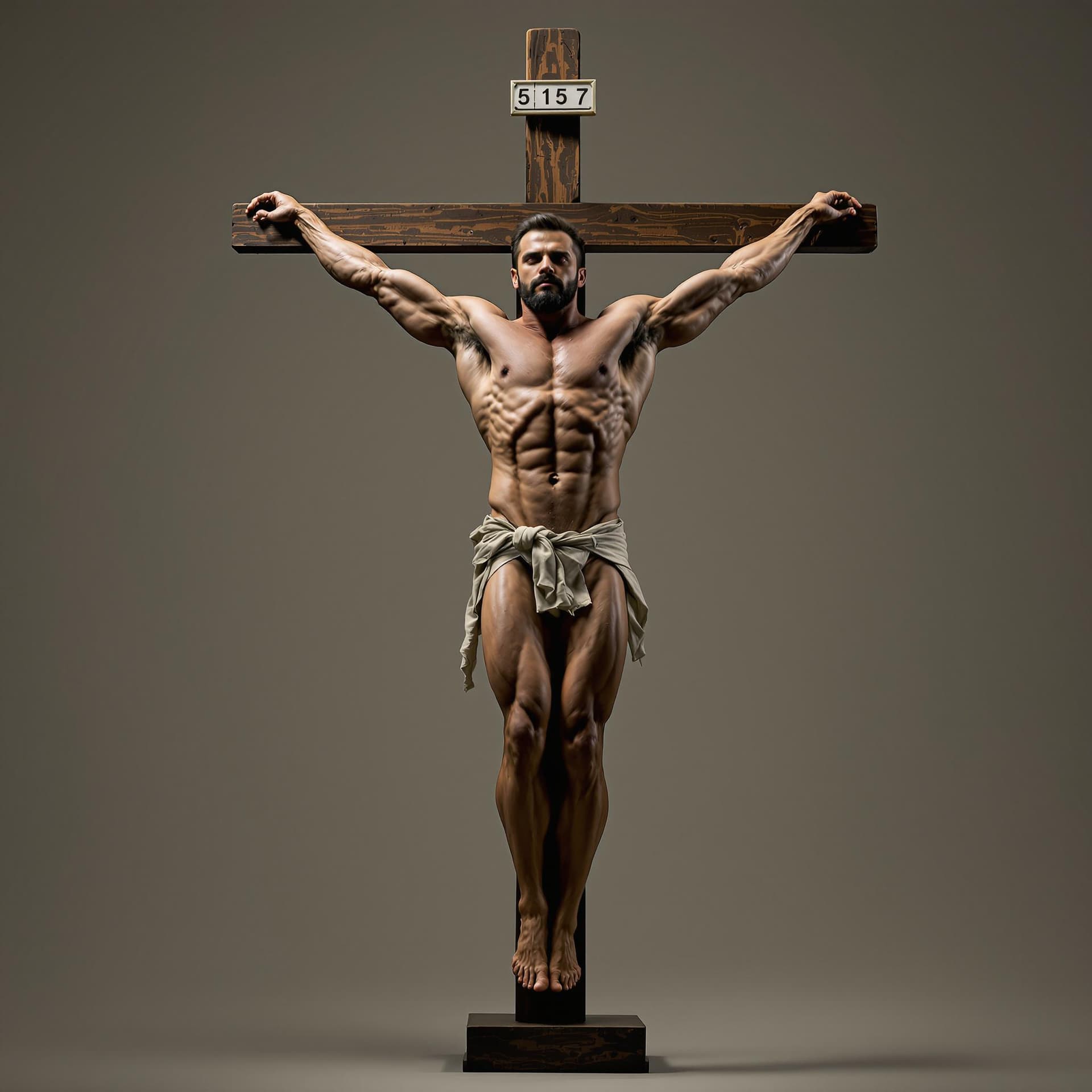 AI generated: full view of bodybuilder standing in most crucifix pose while looking at the camera