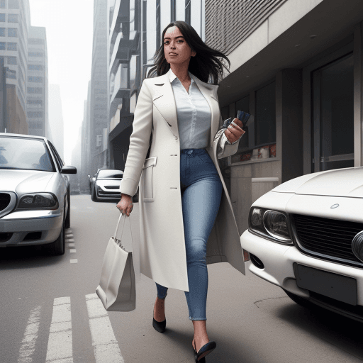 AI generated: The image features a woman walking down a street while holding a handbag. She is wearing a white shi...