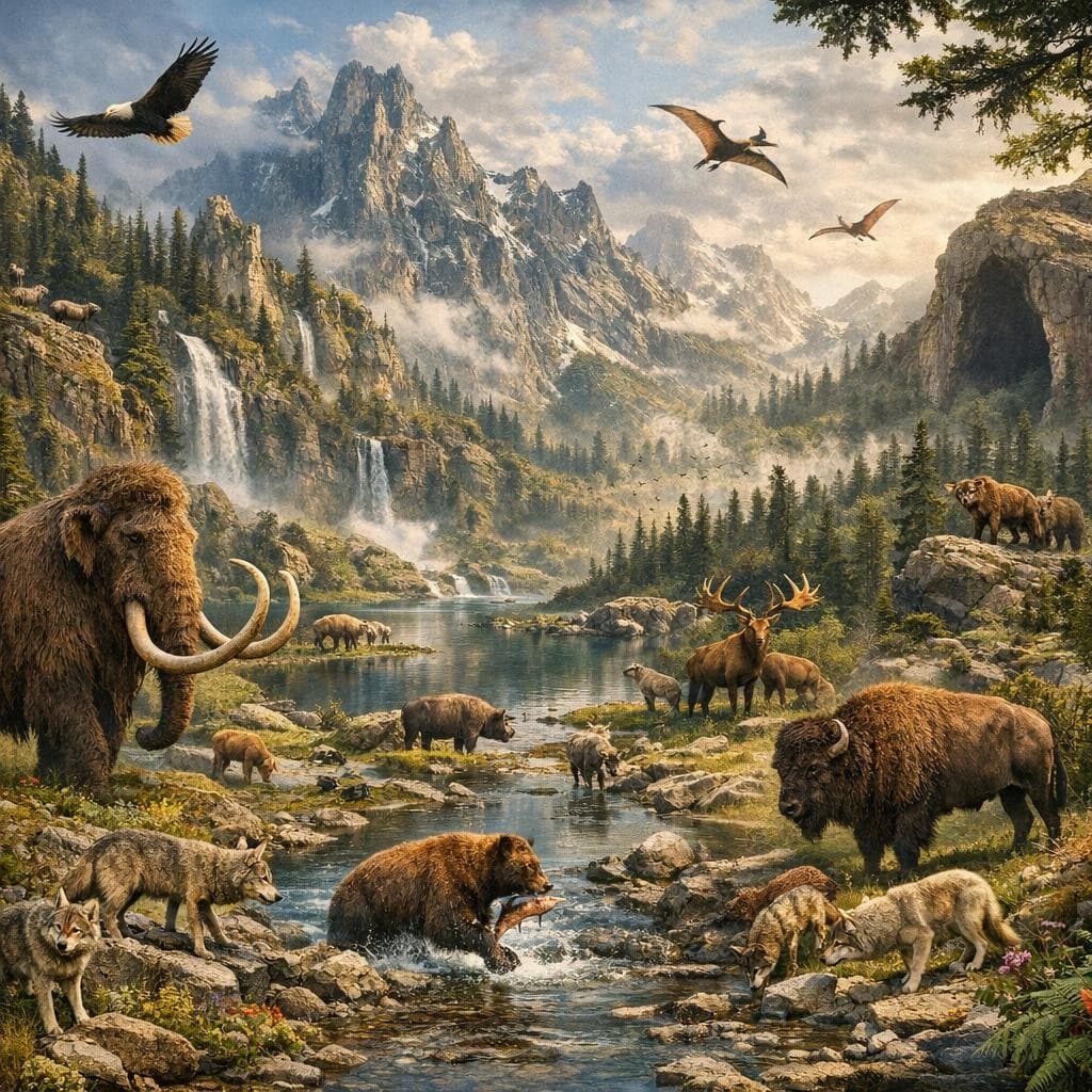 AI generated: Create a unique environment/Biome of a Animals → The Primal Range (untouched wilderness full of wild...