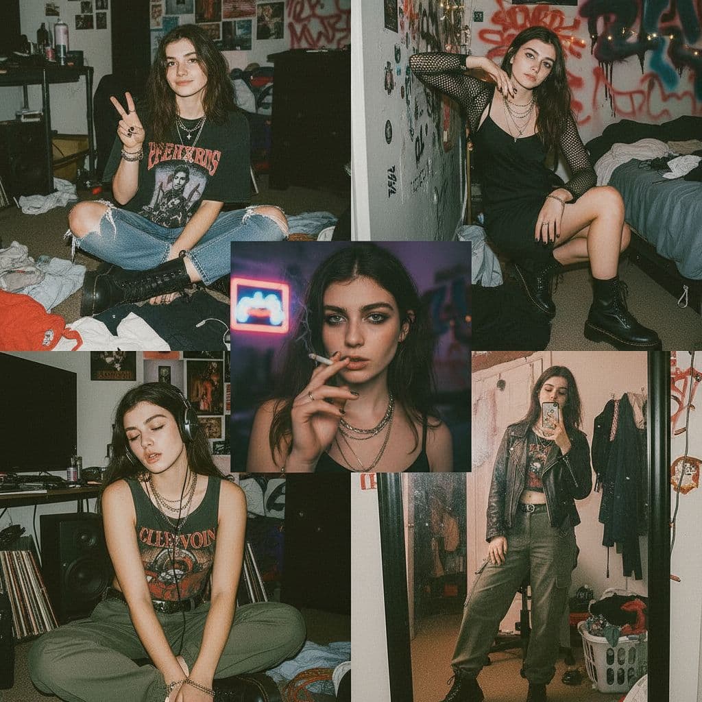 AI generated: collage of pics of her in her bedroom taking selfies (pov should be from the phone, don't show the p...