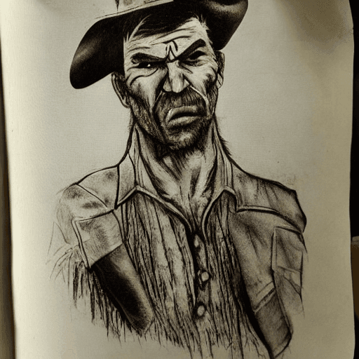 AI generated: An angry cowboy, angry face, wound on hand and face, realistic