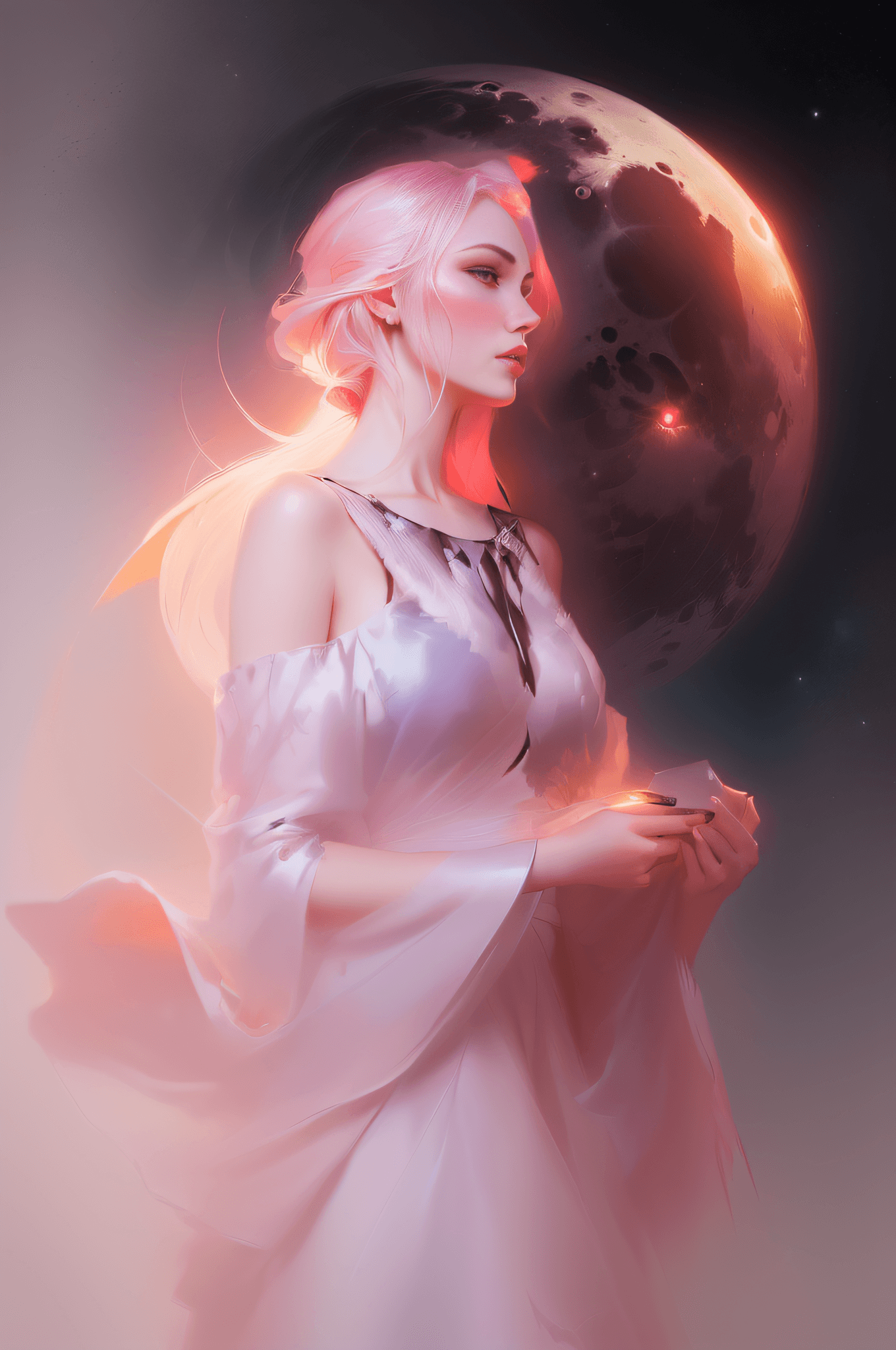 AI generated: a woman in a dress is standing in front of the moon, charlie bowater character art, charlie bowater ...