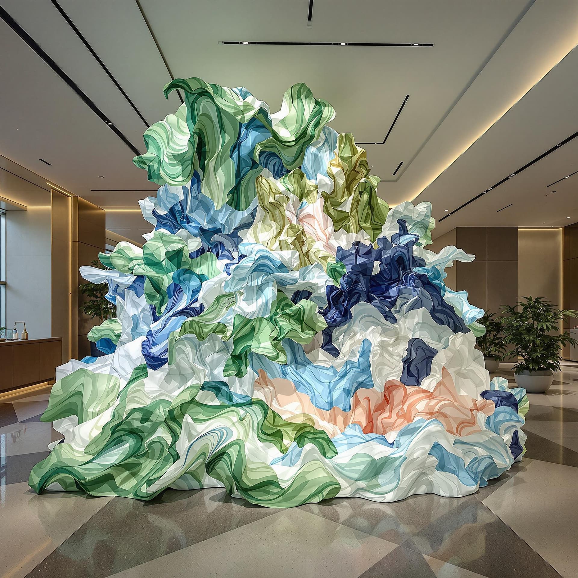 AI generated: The spatial design features a colorful silk fabric sculpture located in the hotel lobby, taking the ...