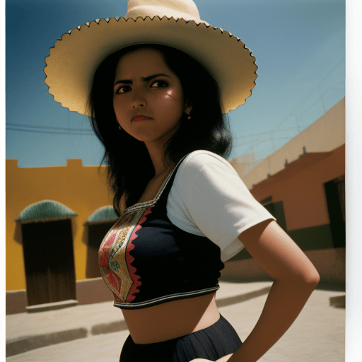 AI generated: Reboso mexicano, vestimenta bordada mexicana, México, mexicana, eyes squinting, leaning forward, wom...