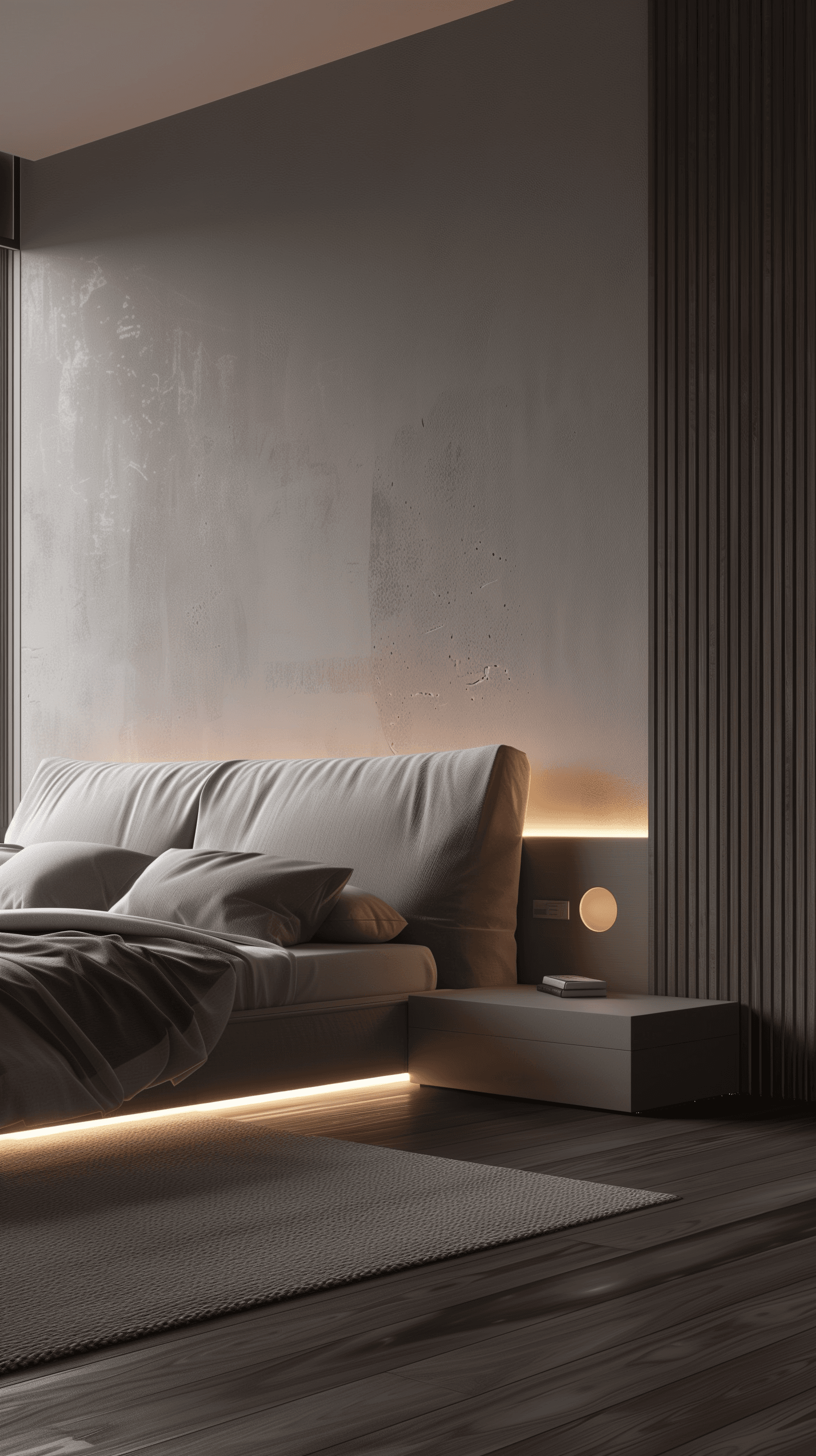 AI generated: tranquil bedroom design that emphasizes minimalism and comfort, featuring a low bed with a soft head...