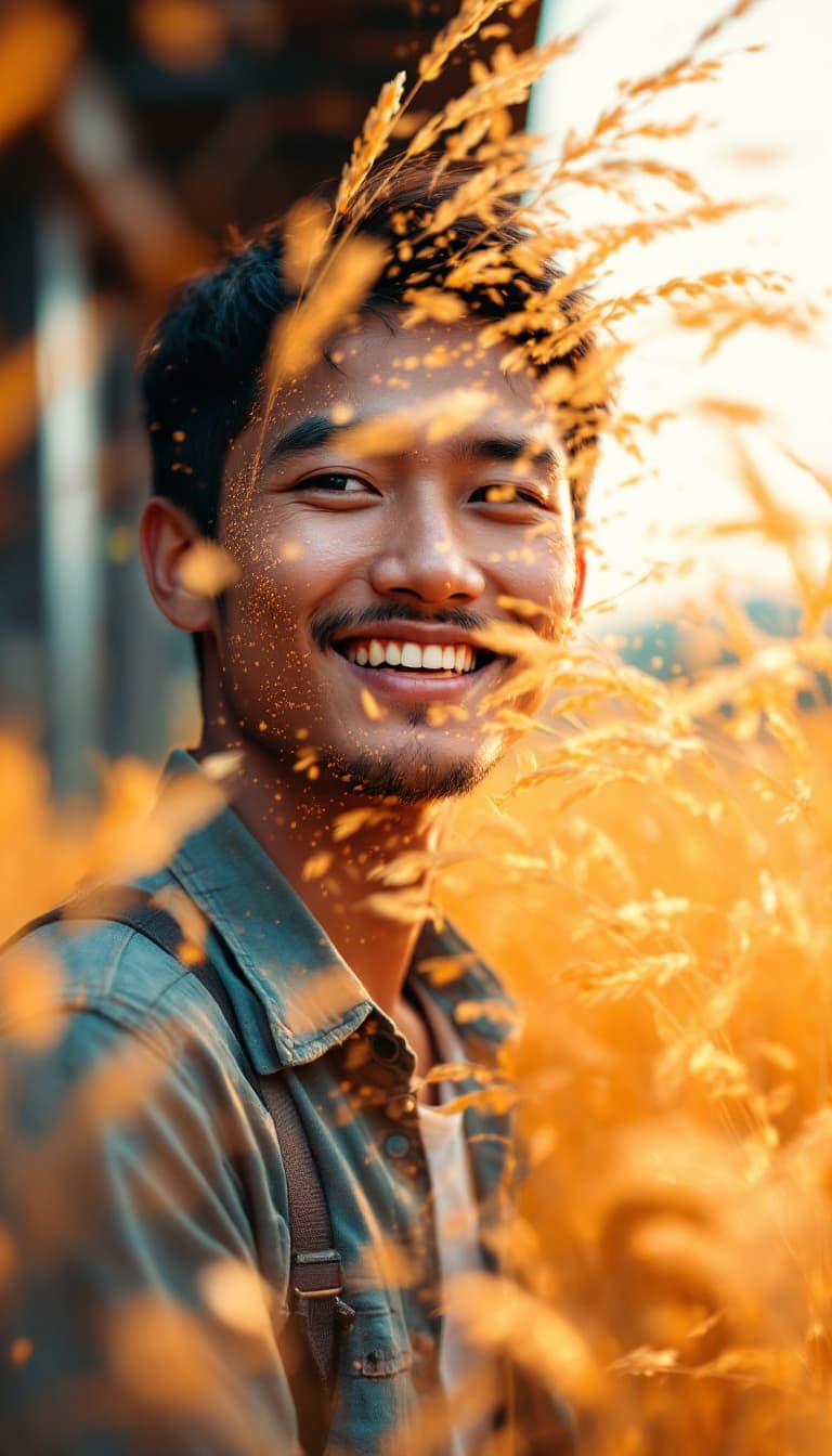 AI generated: Asian young farmer man + rice double color exposure effect, looking at camera