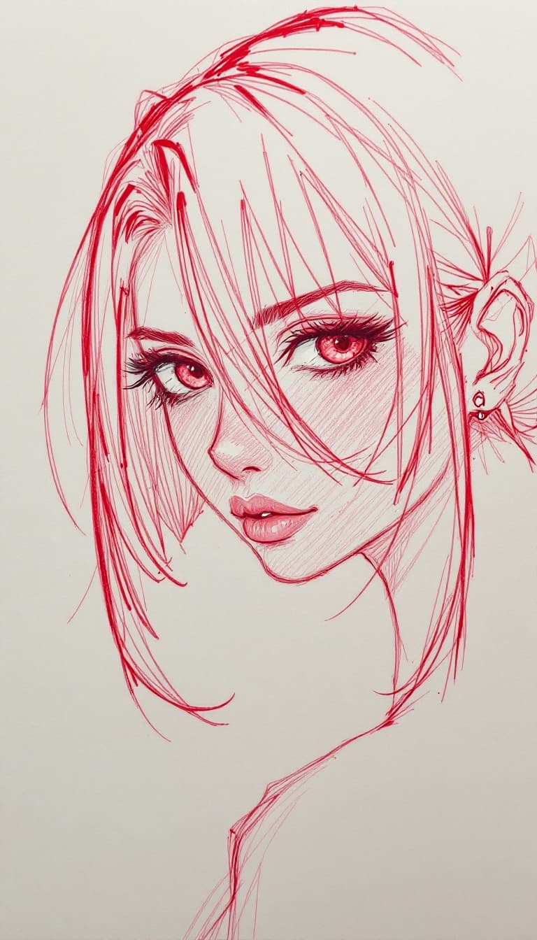 AI generated: girl, red pen drawing, sketch, anime, expressive