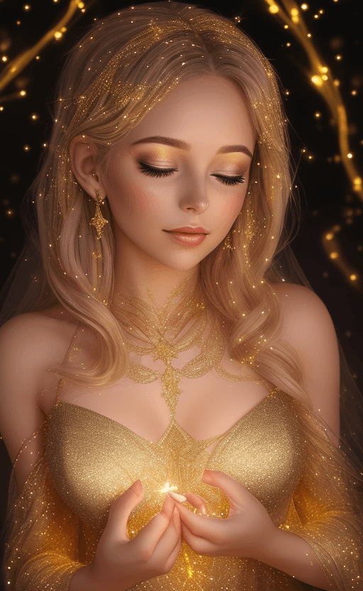 AI generated: A woman with golden glitter makeup, covered in glowing fairy lights and surrounded by delicate gold ...