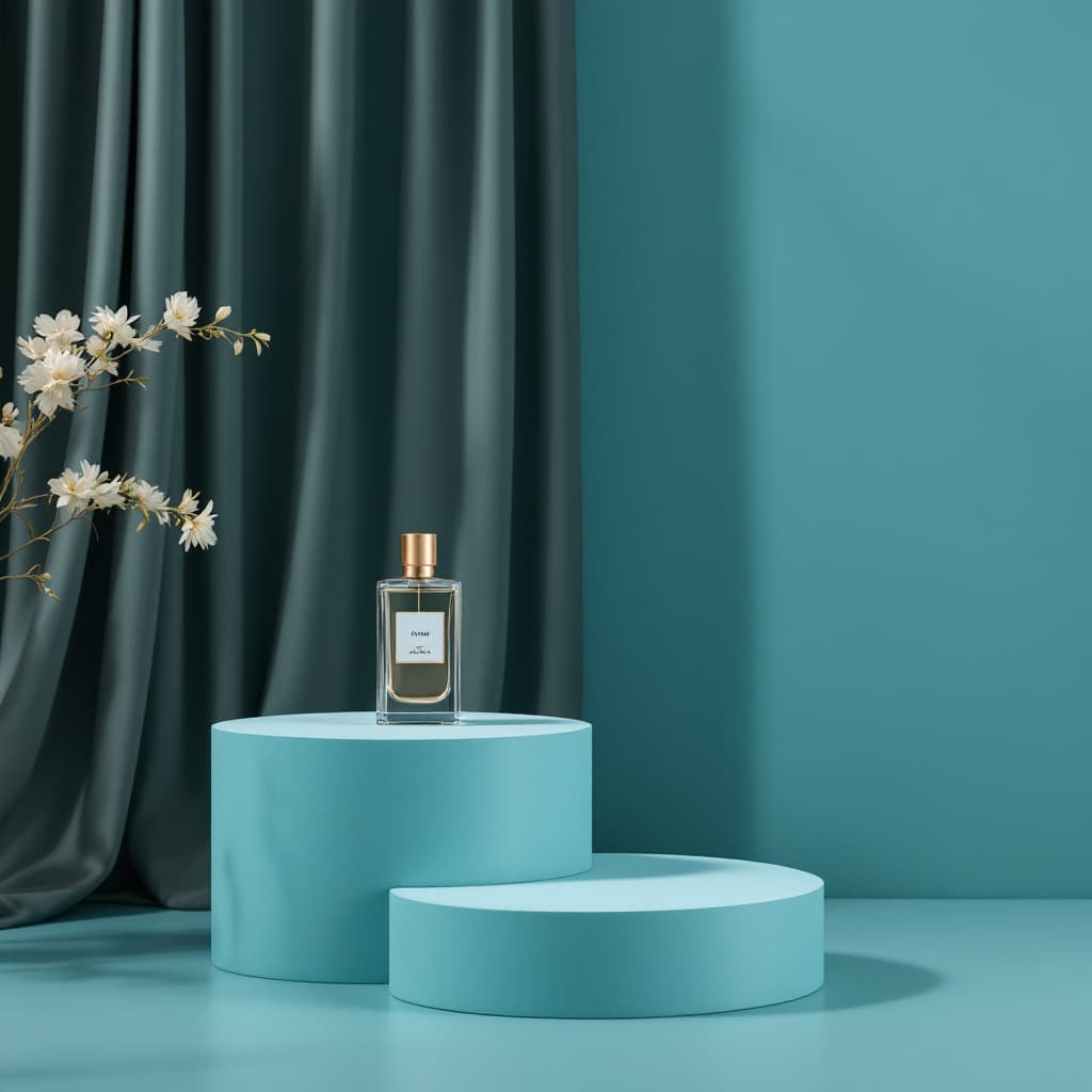 AI generated: photograph, productive view, cylinder podium with perfume, Sony A7R IV with a FE 50mm f/1.2 GM lens,...