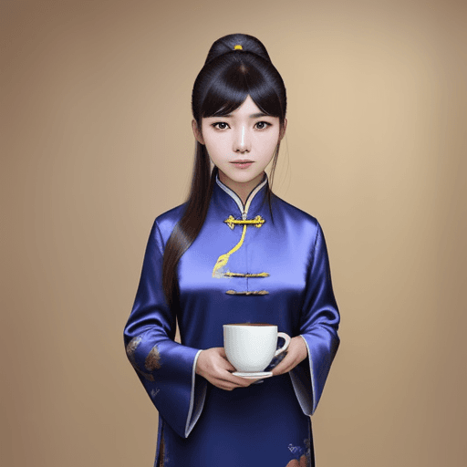 AI generated: 25 year old chinese woman, holding a cup of coffee.wear silk cloths