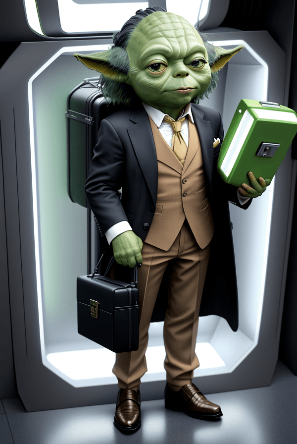 AI generated: yoda as a human, wearing a suit, standing in a spaceship, holding a briefcase
