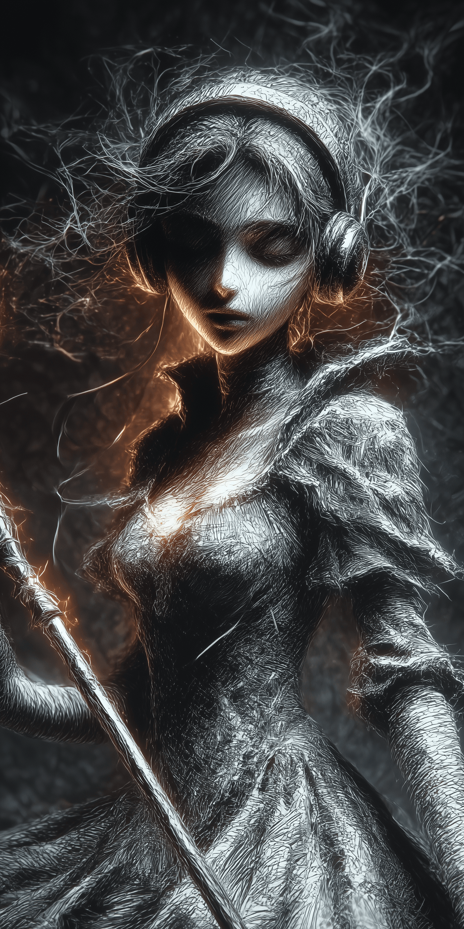 AI generated: A female character dressed in silver, she has long hair and is wearing headphones. She holds an eleg...