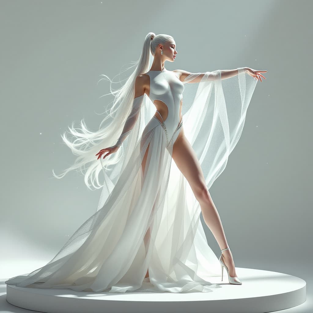 AI generated: 
ethereal athletic avatar look. Elle a une longue queue de cheval à frange arc-en-ciel. Elle porte u...