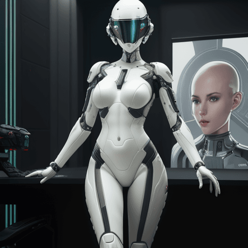 AI generated: fullbody armed female figure in a white sci-fi suit, detailed cyber helmet, bald head, lights on cyb...