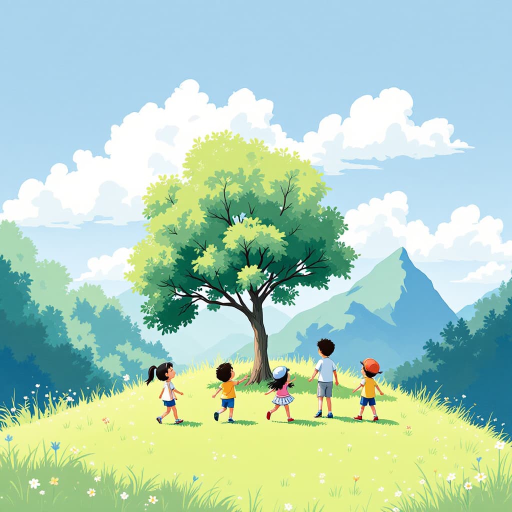 AI generated: A group of 10-year-old boys and girls play under a tree with mountains behind them, aerial view, sim...