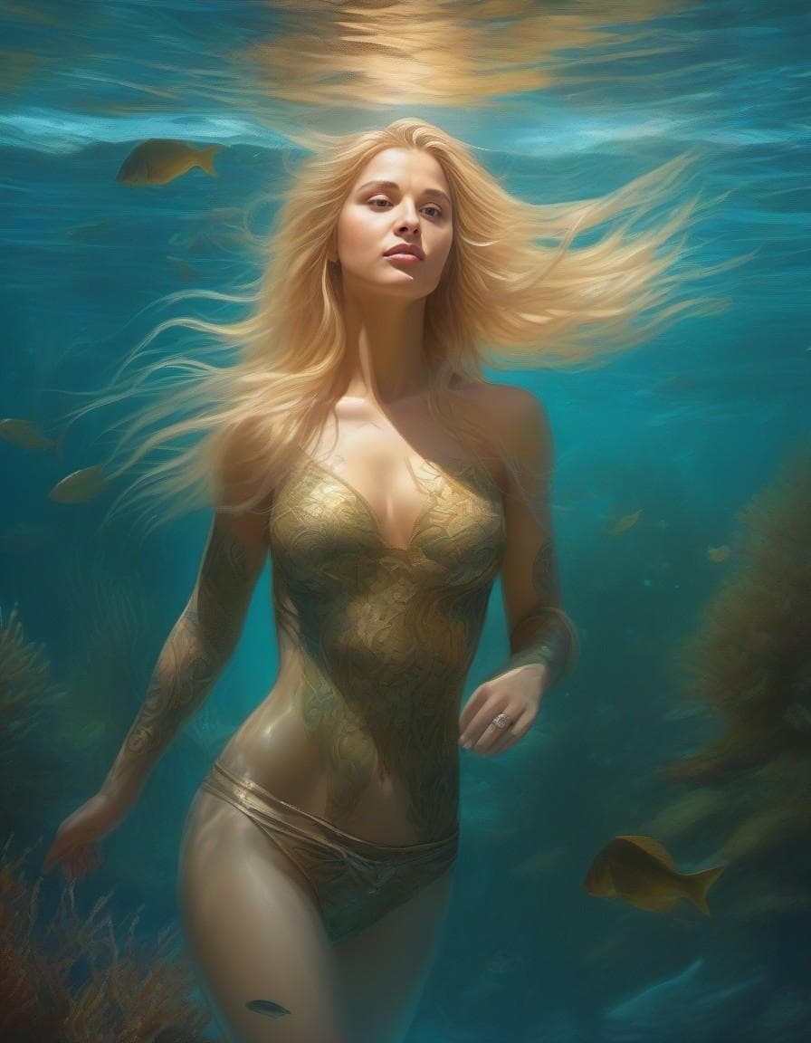 AI generated: 1girl underwater, tattoed body, seaweed, (gorgeous body:1. 2), long straight hair, highly detailed, ...
