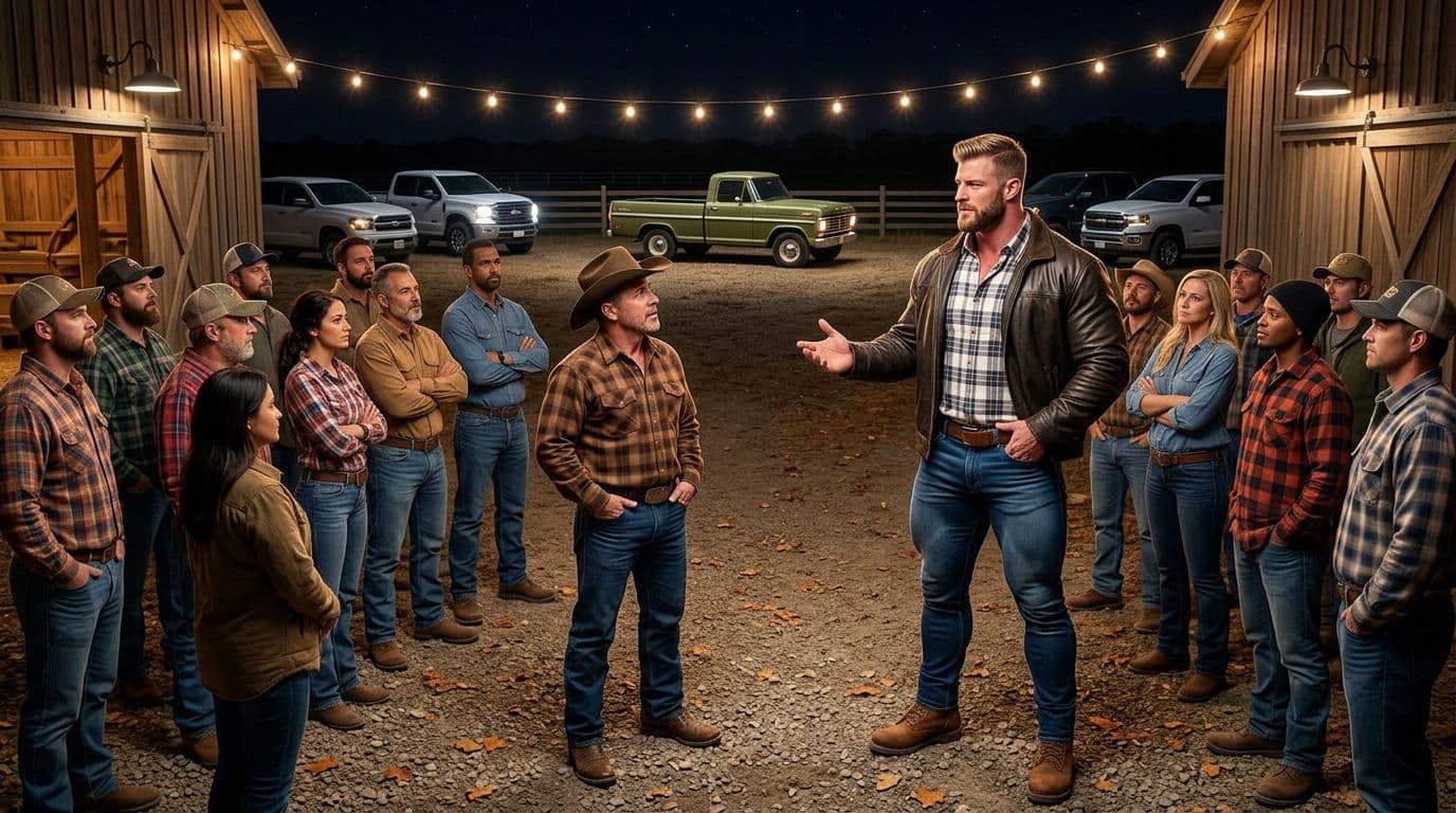 AI generated: In an Autumn night at a ranch. The vintage olive green Ford pick up truck is parked between other mo...