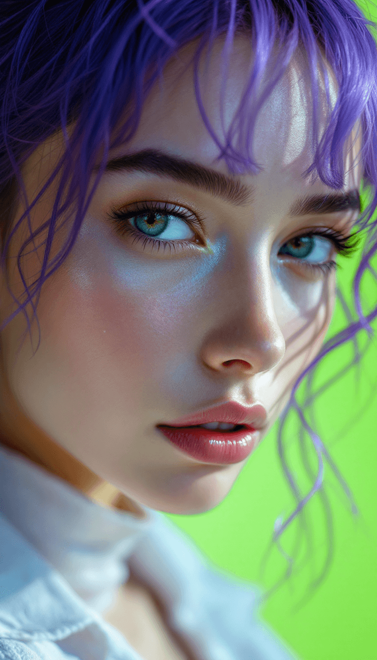 AI generated: Close-up portrait of a woman with vibrant purple hair, natural looking skin tones, minimalist photog...