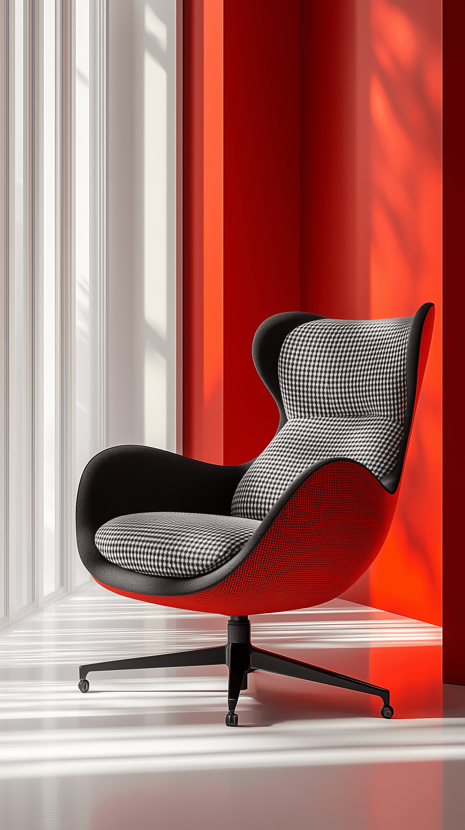 AI generated: digital art rendering of a sleek office chair in a black and white houndstooth pattern, situated in ...