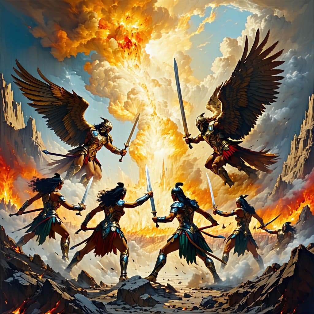 AI generated: Amazon women fighting kronos to save mankind from destruction from the corrupt king of the titans. t...