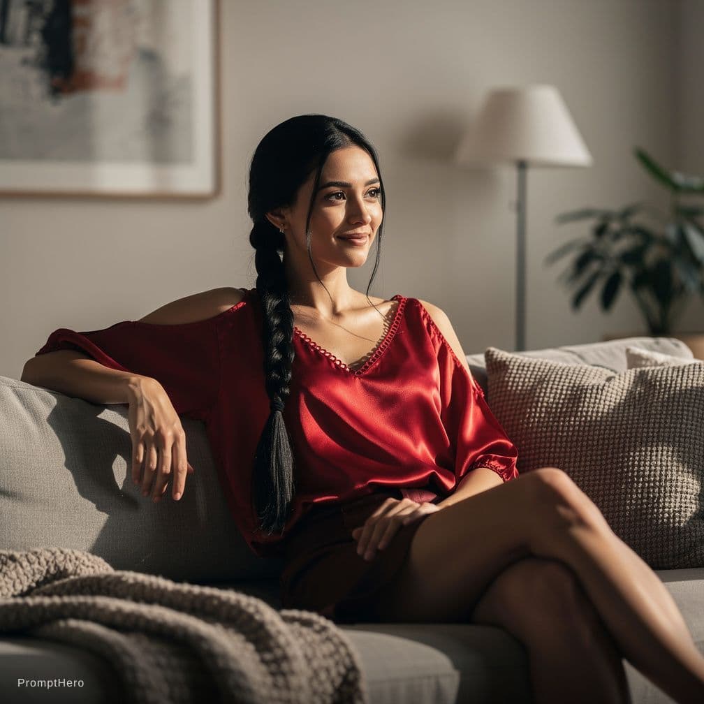 AI generated: A raw documentary photograph captures a curvy young female with a long, sleek black braid cascading ...