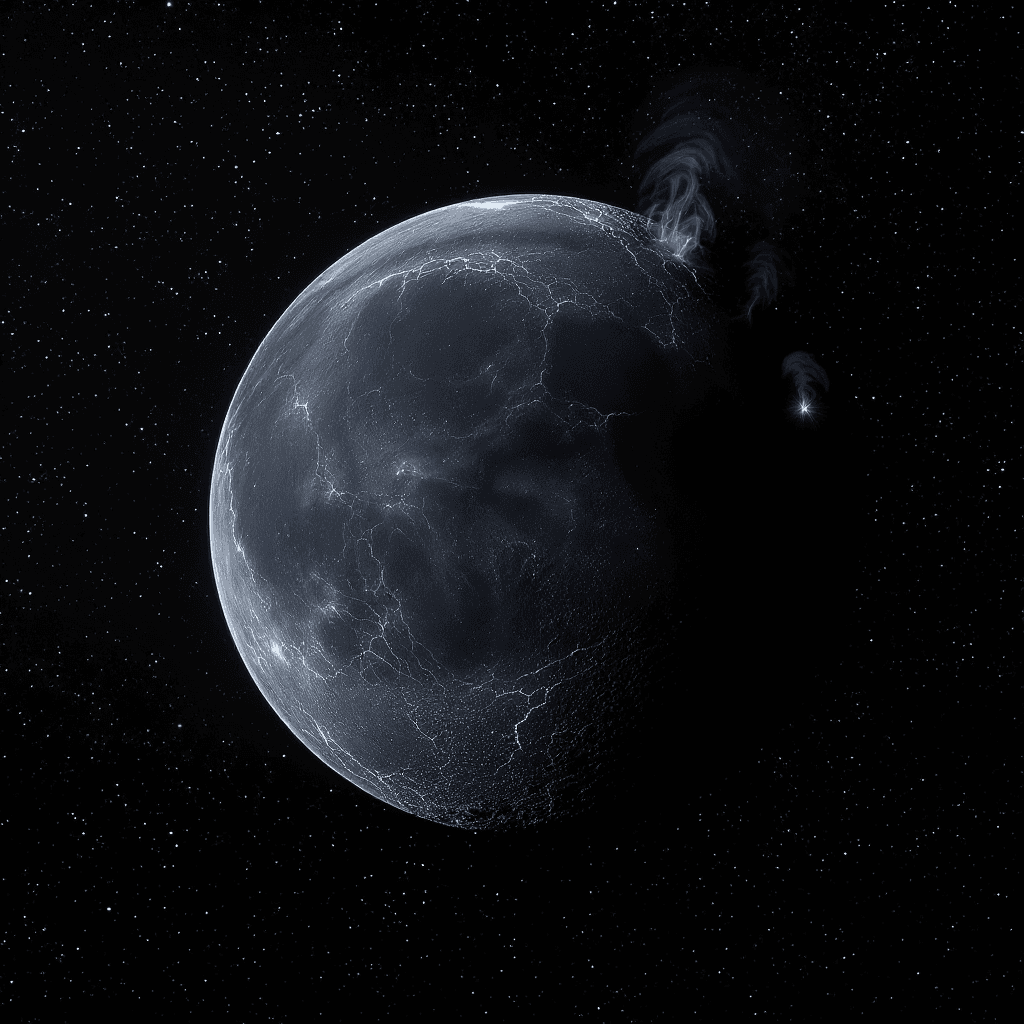 AI generated: a black moon with glowing white thin rivers running through and glowing blue guysers shooting out of...