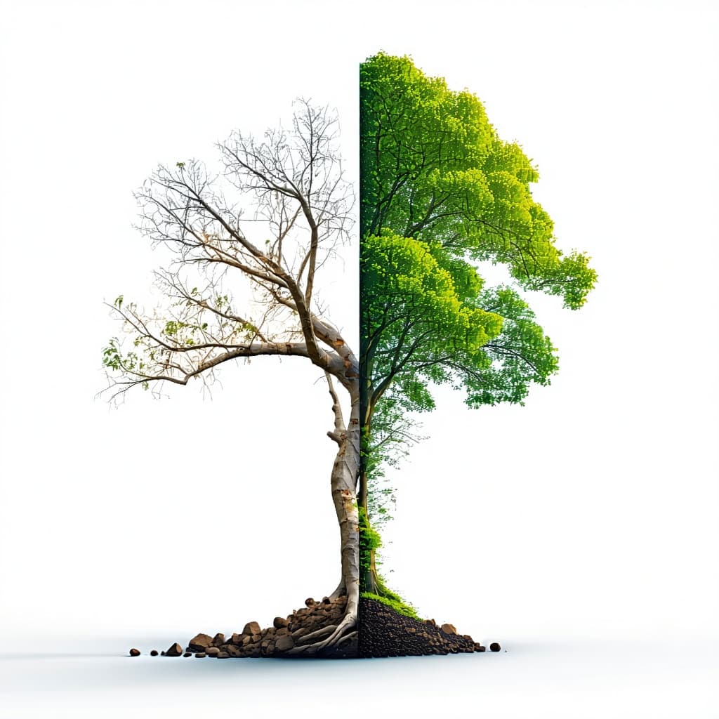 AI generated: photorealistic conceptual poster, single mature tree centred on pure white background, split vertica...