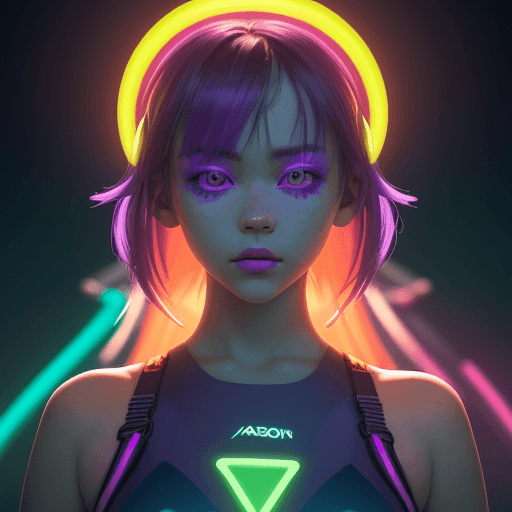 AI generated: a beautiful lightup purple girl is posing in front of her neon clothing, in the style of dark orange...