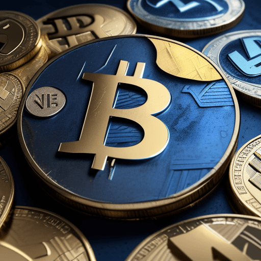 AI generated: INJ coins staked , reborn from digital ashes in a blue and yellow of CRYPTO