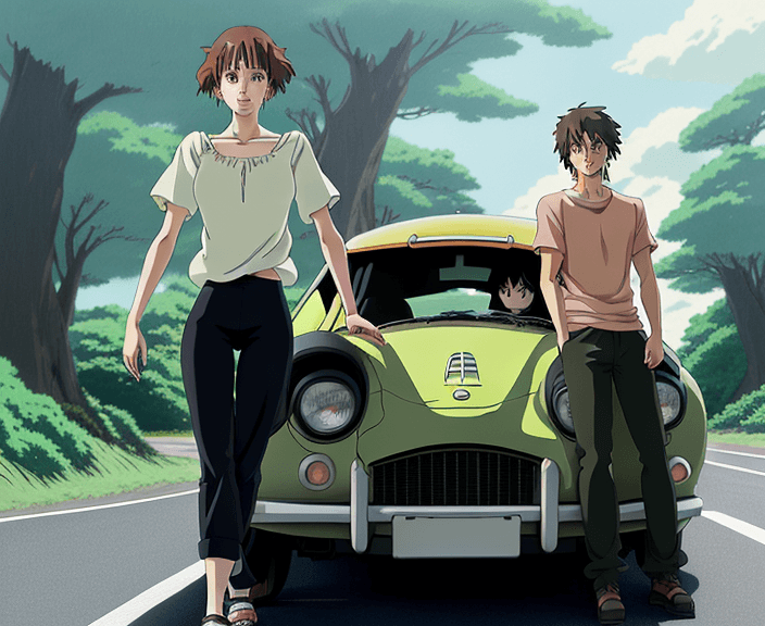 AI generated: ((1 woman, 1 car, 1 man)),8k, hi-resulutio, realistic photo, ((Studio ghibli style)), Anime