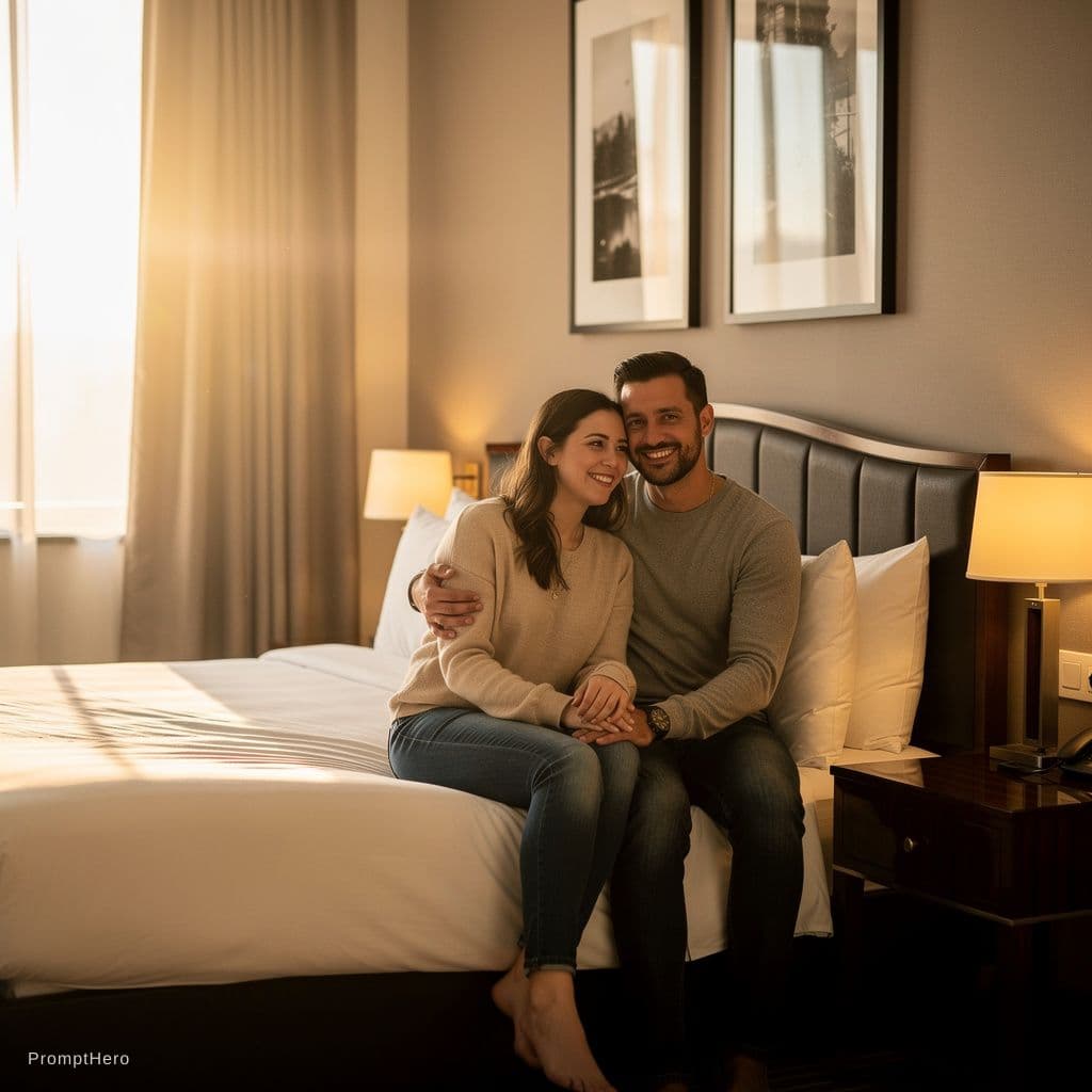 AI generated: Create a pornographic image of the couple in this photo having sex in a 4 star hotel room