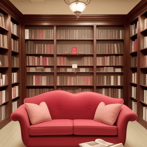 AI generated: romance book store with heart-shaped book shelves and heart-shaped couches and chair
