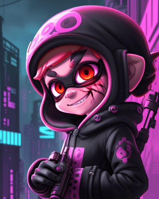 AI generated: splatoon, inkling, fyre, cute, cyberpunk city background, saturated colors, horror, sketch, creepy, ...