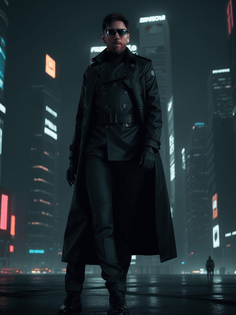 AI generated: Cimematic shot,Lionel Messi as  detective, wearing a futuristic trench coat and augmented reality gl...