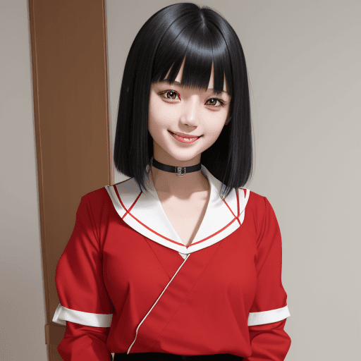 AI generated:  black hair with choppy bangs, realistic face of Japanese young beauty smiling thin girl wearing red...