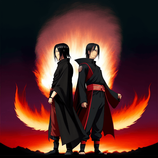 AI generated: itachi and sasuke standing against eatchother redy to ight , cool image with fire in background 