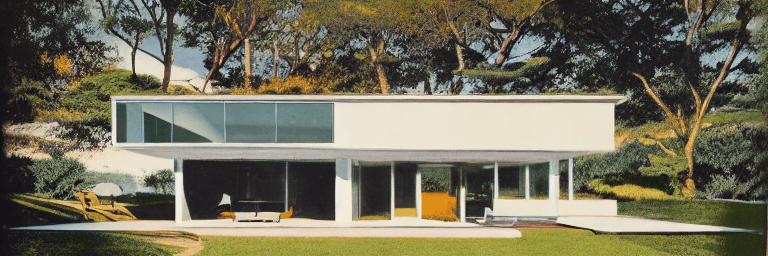 AI generated: hyper realistic eye level exterior photo of a mid century modern style house overlooking the ocean, ...