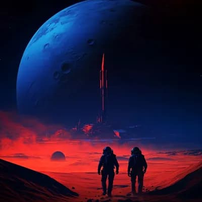 AI generated video: two astronauts walk towards buildings on a plain in the distance as a huge blue moon rises above the...