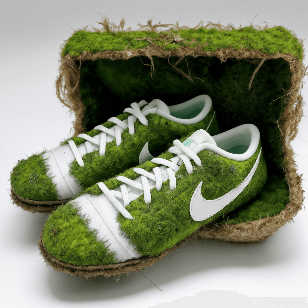 AI generated: made from green moss (nike sneakers:0.95)]made of moss from green leaves and moss, small white flowe...